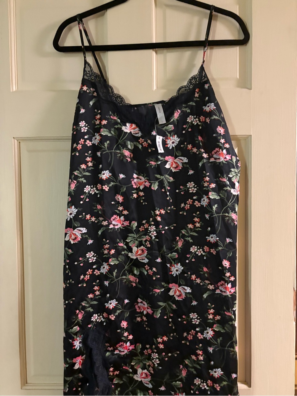 Gapbody Floral Lace-Trim Satin Slip Nightdress in Black and Pink